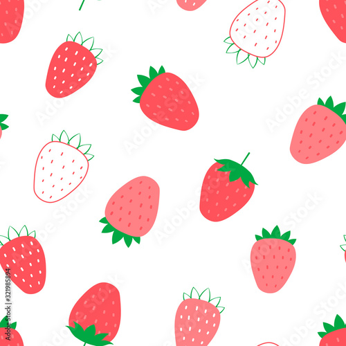 Vector seamless children's strawberry pattern in a flat style on a white background.