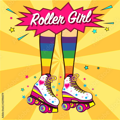 Roller girl on a yellow backgropund. Comic style