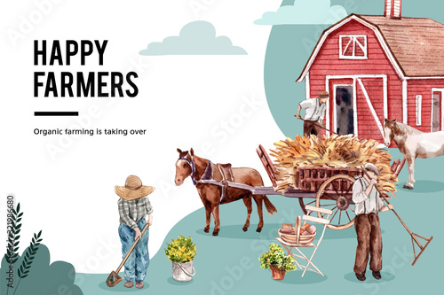 Farmer frame design with horse, warehouse watercolor illustration.