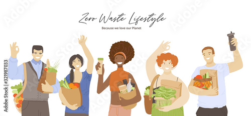 Group of happy joyful multiracial people holding zero waste ecological recycle and reduce products, waving hands, showing OK sign. Zero Waste Lifestyle concept with eco friendly people