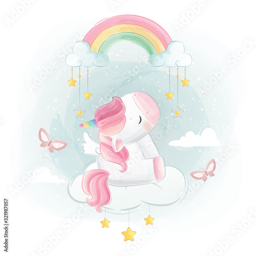 Fotografie, Obraz Cute Unicorn Sitting Under Rainbow Cloud