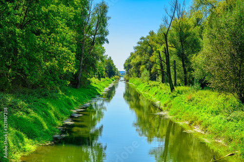 Nebenarm der Donau der gradlinig durch einen Mischwald fließt. Side arm of the Danube that flows straight through a mixed forest.