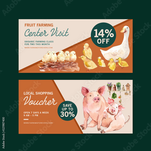 Farmer voucher design with pig, duck, chicken watercolor illustration.