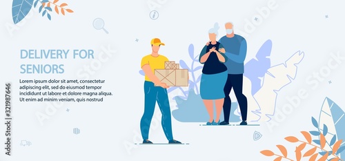 Food, Dugs, Goods for Seniors Delivery Online Service. Deliveryman Carrying Packages with Ordered Products. Happy Old Mature Family Couple Receiving Parcels. Social Support for Retirement