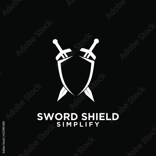 black two sword and shield logo icon design vector with dark background