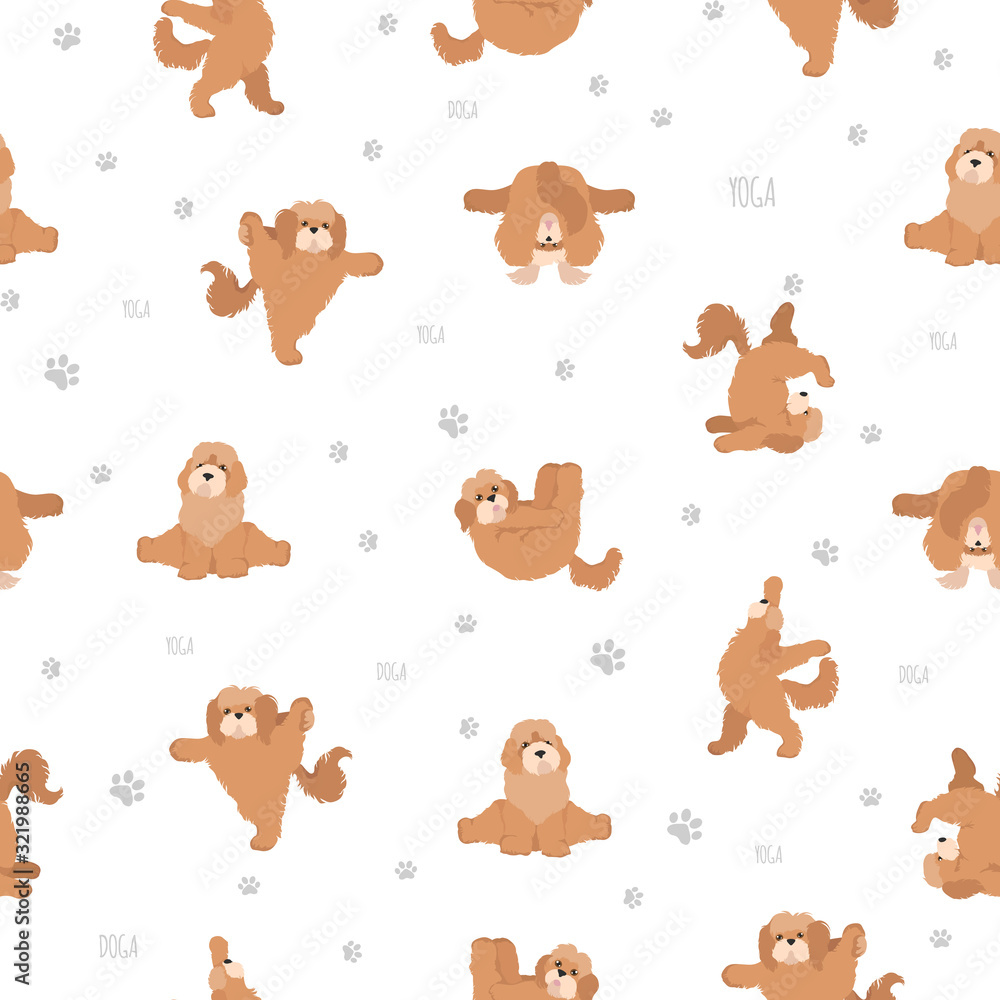 Fototapeta premium Yoga dogs poses and exercises seamless pattern design. Cockapoo clipart
