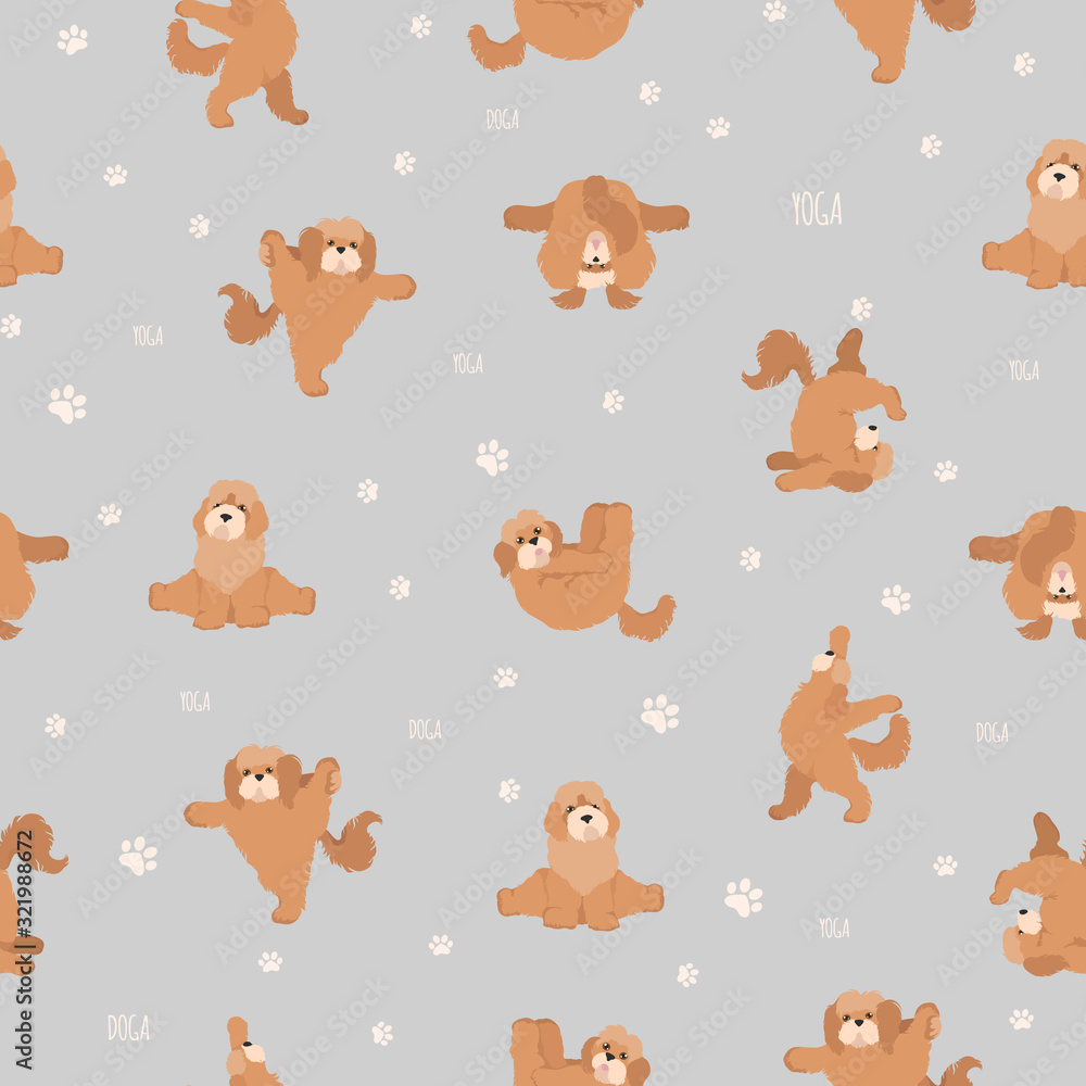Obraz premium Yoga dogs poses and exercises seamless pattern design. Cockapoo clipart