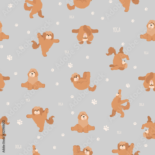 Yoga dogs poses and exercises seamless pattern design. Cockapoo clipart