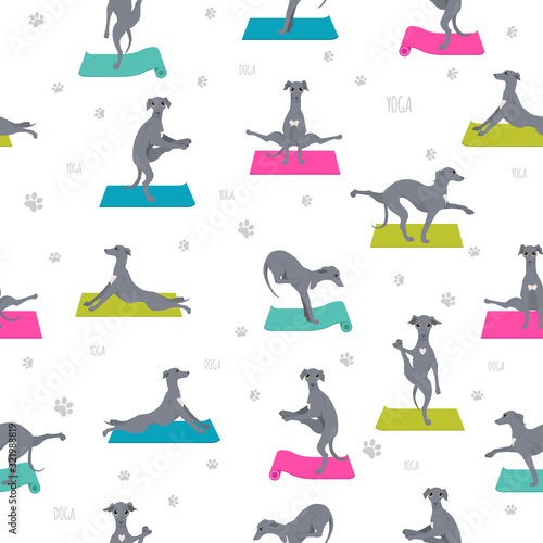 Yoga dogs poses and exercises seamless pattern design. Italian greyhound  clipart
