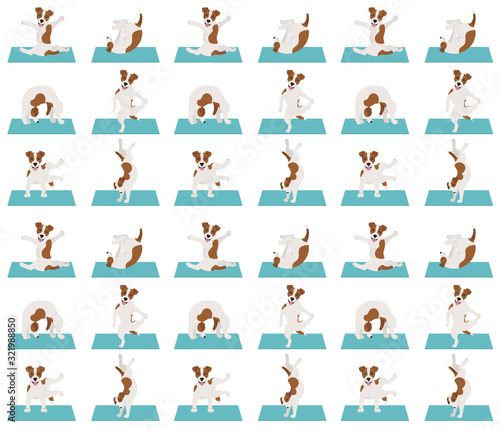 Yoga dogs poses and exercises seamless pattern design. Jack Russel terrier clipart