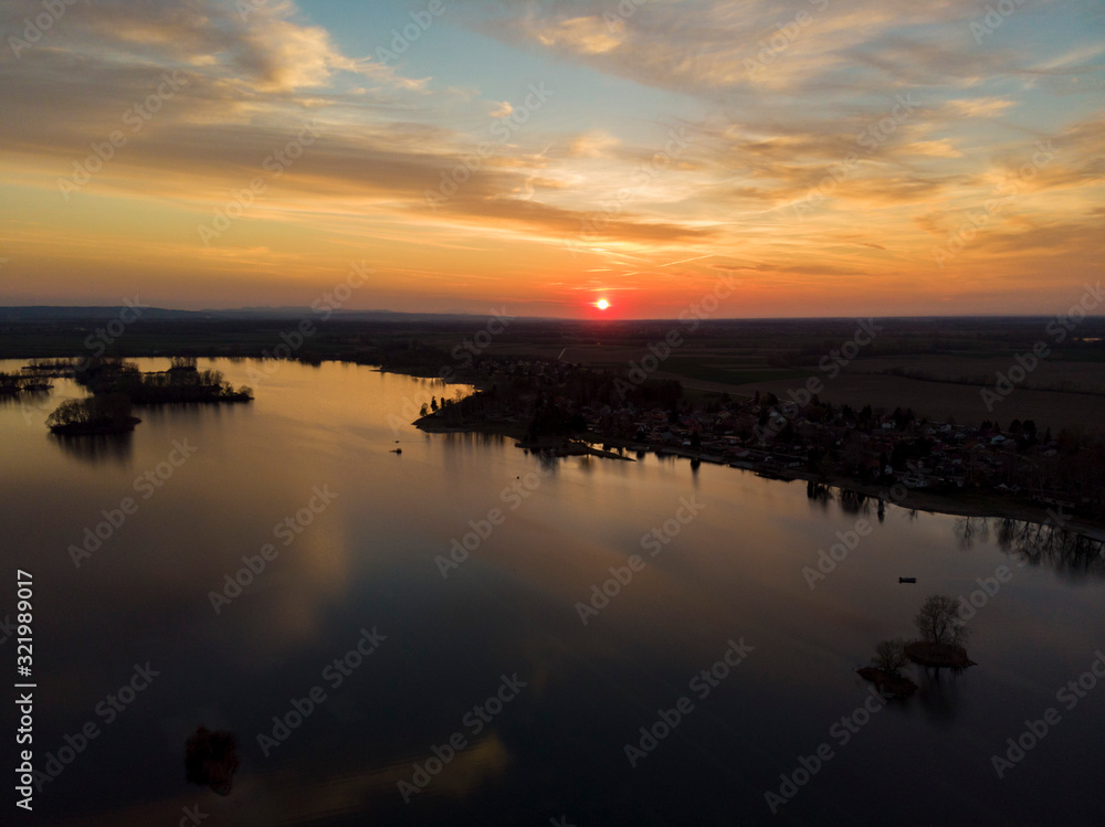 Aerial view of the sunset on the Soderica Lake, Croatia
