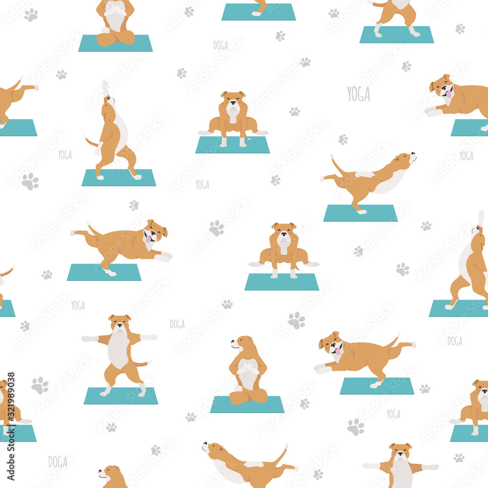 Yoga dogs poses and exercises seamless pattern design. Staffordshire bull terrier clipart Yoga dogs poses and exercises seamless pattern design. Staffordshire bull terrier clipart