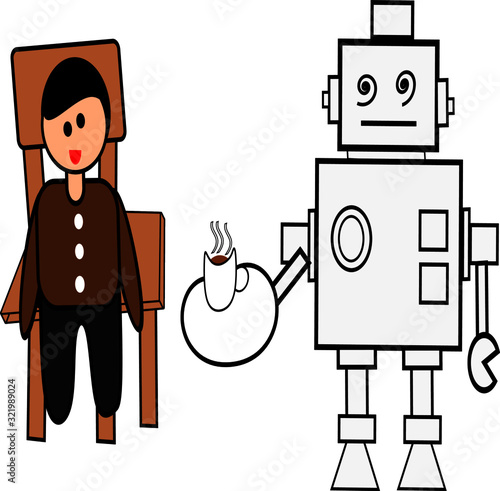 A modern robot  working as a servant in a house, serving a coffee to a boy who sitting on a chair. on isolated background. Robotics world. 