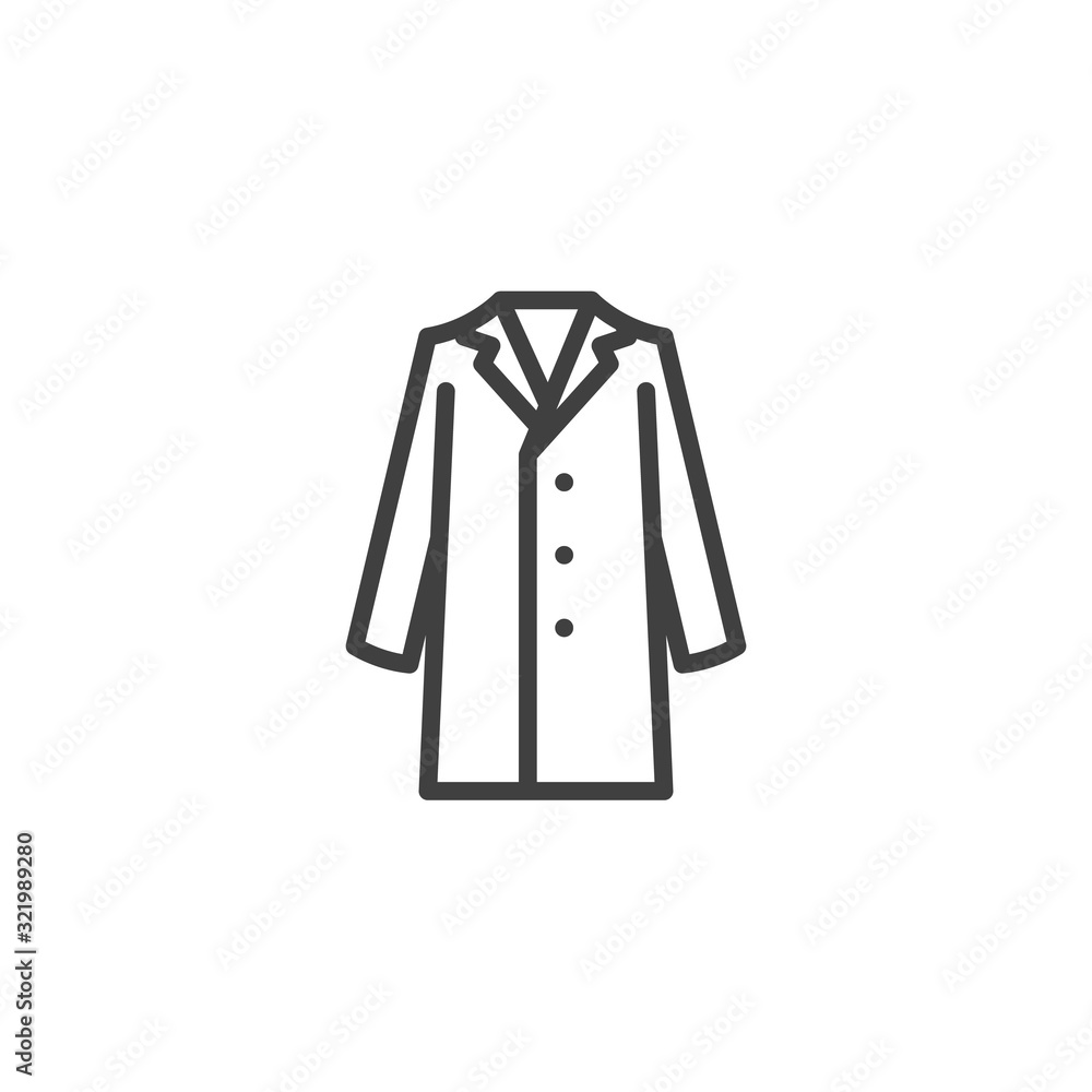 Elegant men coat line icon. linear style sign for mobile concept and web design. Long stylish coat outline vector icon. Symbol, logo illustration. Vector graphics Elegant men coat line icon. linear style sign for mobile concept and web design. Long stylish coat outline vector icon. Symbol, logo illustration. Vector graphics