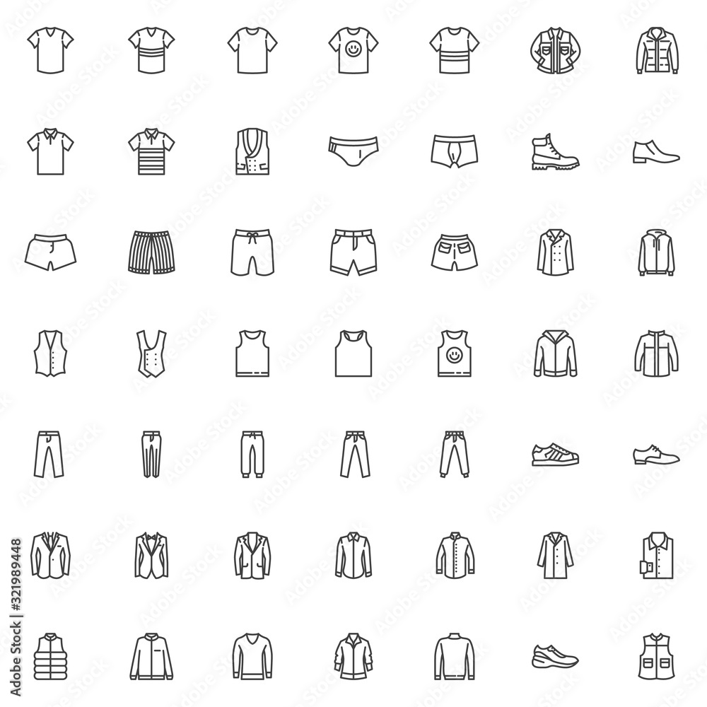 Men's clothing line icons set. Male garment linear style symbols collection, Man fashion Clothes outline signs pack. vector graphics. Set includes icons as shirt, business suit, hoodie, shoe, jacket - obrazy, fototapety, plakaty 