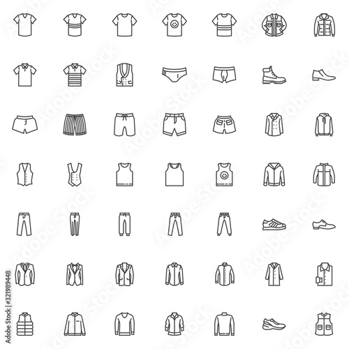 Men's clothing line icons set. Male garment linear style symbols collection, Man fashion Clothes outline signs pack. vector graphics. Set includes icons as shirt, business suit, hoodie, shoe, jacket