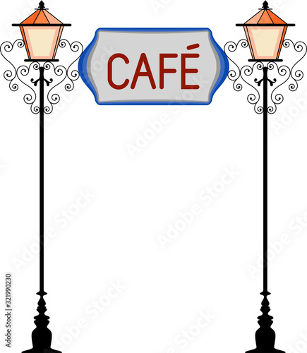 Wrought Iron Cafe Signage With Lamp