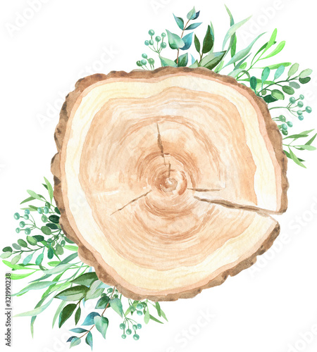  Watercolor wooden slice with floral decoration.