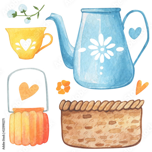 Bouquet of flowers in a vase in a watercolor style on a white background. Floral composition. Bright flowers, leaves and branches. Great for greeting cards, invitations, banners, flyers and designs