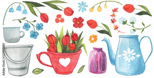 Bouquet of flowers in a vase in a watercolor style on a white background. Floral composition. Bright flowers, leaves and branches. Great for greeting cards, invitations, banners, flyers and designs