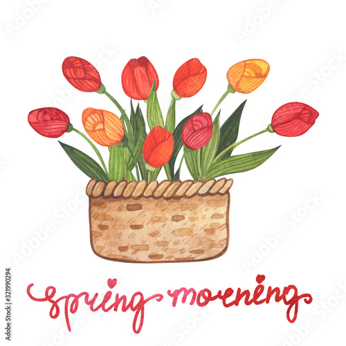 Bouquet of flowers in a vase in a watercolor style on a white background. Floral composition. Bright flowers, leaves and branches. Great for greeting cards, invitations, banners, flyers and designs