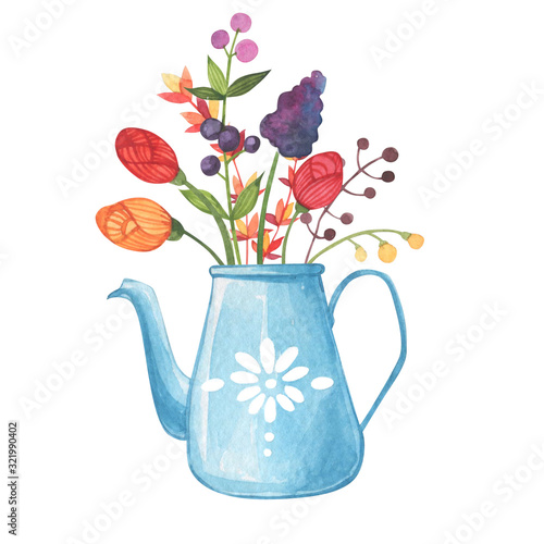 Bouquet of flowers in a vase in a watercolor style on a white background. Floral composition. Bright flowers, leaves and branches. Great for greeting cards, invitations, banners, flyers and designs