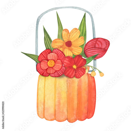 Bouquet of flowers in a vase in a watercolor style on a white background. Floral composition. Bright flowers, leaves and branches. Great for greeting cards, invitations, banners, flyers and designs