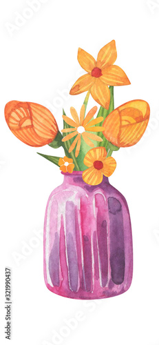Bouquet of flowers in a vase in a watercolor style on a white background. Floral composition. Bright flowers, leaves and branches. Great for greeting cards, invitations, banners, flyers and designs