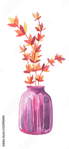 Bouquet of flowers in a vase in a watercolor style on a white background. Floral composition. Bright flowers, leaves and branches. Great for greeting cards, invitations, banners, flyers and designs