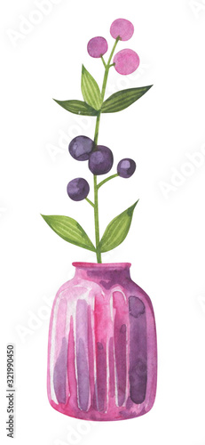 Bouquet of flowers in a vase in a watercolor style on a white background. Floral composition. Bright flowers, leaves and branches. Great for greeting cards, invitations, banners, flyers and designs