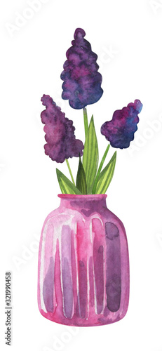 Bouquet of flowers in a vase in a watercolor style on a white background. Floral composition. Bright flowers, leaves and branches. Great for greeting cards, invitations, banners, flyers and designs