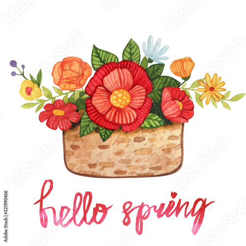 Bouquet of flowers in a vase in a watercolor style on a white background. Floral composition. Bright flowers, leaves and branches. Great for greeting cards, invitations, banners, flyers and designs