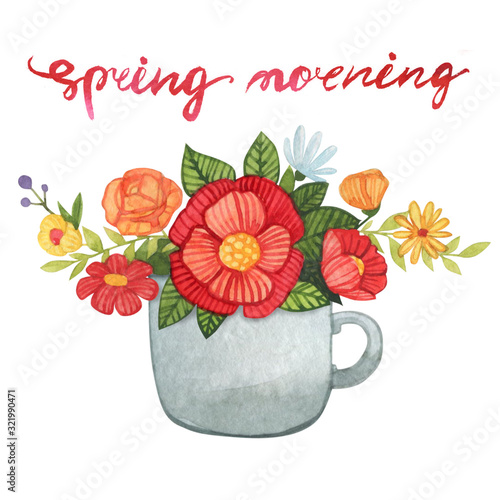 Bouquet of flowers in a vase in a watercolor style on a white background. Floral composition. Bright flowers, leaves and branches. Great for greeting cards, invitations, banners, flyers and designs