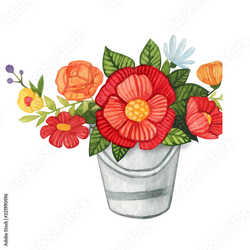 Bouquet of flowers in a vase in a watercolor style on a white background. Floral composition. Bright flowers, leaves and branches. Great for greeting cards, invitations, banners, flyers and designs