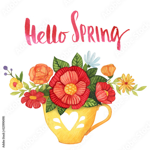 Bouquet of flowers in a vase in a watercolor style on a white background. Floral composition. Bright flowers, leaves and branches. Great for greeting cards, invitations, banners, flyers and designs