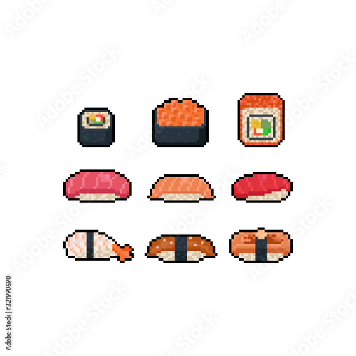Pixel art cartoon sushi icon set.