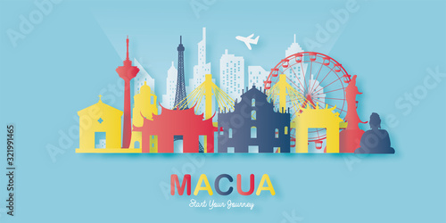 Macau Travel postcard, poster, tour advertising of world famous landmarks in paper cut style. Vectors illustrations