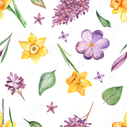 Watercolor seamless pattern with leaves and flowers of crocus, daffodil, lilac on a white background