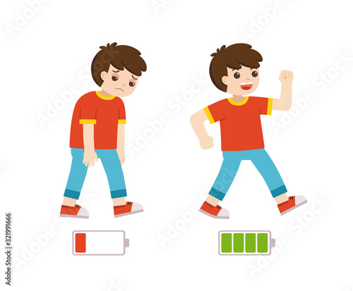 Active and tired boy flat cartoon colorful vector illustration. Happy and unhappy boy. Energetic and tired or exhausted boy and life energy.