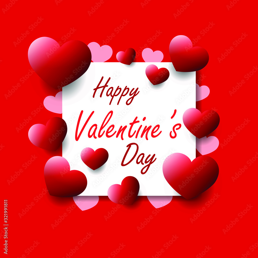 Happy Valentine's day concept with square shape, 3d red heart with shadow vector, isolated design.