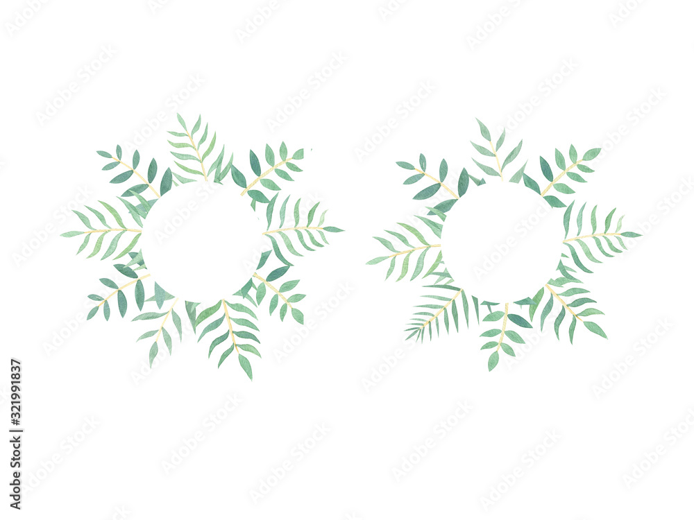 Obraz premium Green leaves watercolor frame. Hand drawn watercolor foliage. Perfect for greeting cards, invitations, thank you, wedding cards. Botanical border. Copy space. Stock illustration. 