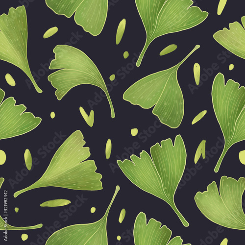 Ginkgo biloba leaves. Seamless pattern on dark background. Digital Illustration.  photo