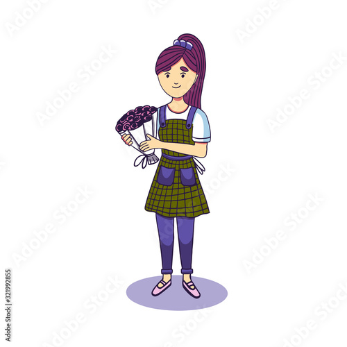 A florist girl in an apron in a cartoon cute style holds a bouquet of roses in her hands and smiles. Illustration of a character in bright modern colors for a flower shop or shop.