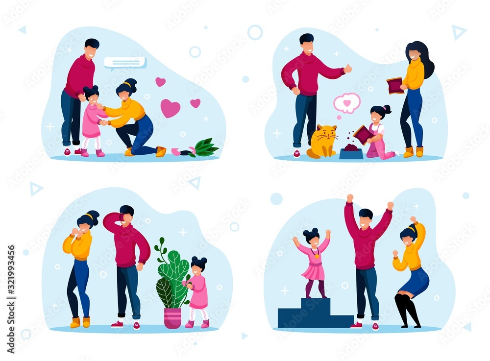 Responsible Parenthood Trendy Flat Vector Concept Set. Parents with Children Teaching Kid to Feed Pet, Playing in Hide-and-Seek, Supporting Worried Daughter, Celebrating Kids Achievement Illustrations Responsible Parenthood Trendy Flat Vector Concept Set. Parents with Children Teaching Kid to Feed Pet, Playing in Hide-and-Seek, Supporting Worried Daughter, Celebrating Kids Achievement Illustrations