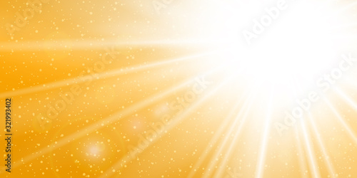 Rays yellow background. Gold sunny sky. Heat sunburs, hot weather. Sunshine orange sky. White warm sunlight. Bright golden solar sunrise, summer template. Lens optic effect. Vector illustration