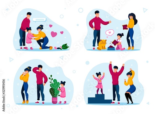 Responsible Parenthood Trendy Flat Vector Concept Set. Parents with Children Teaching Kid to Feed Pet, Playing in Hide-and-Seek, Supporting Worried Daughter, Celebrating Kids Achievement Illustrations