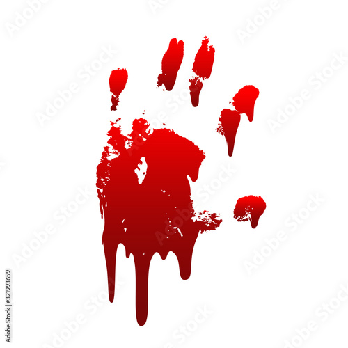 Bloody hand print 3D isolated white background. Horror scary drip blood dirty handprint, fingerprint. Red palm, fingers, stain, splatter, streams. Symbol horror murder, violence. Vector illustration