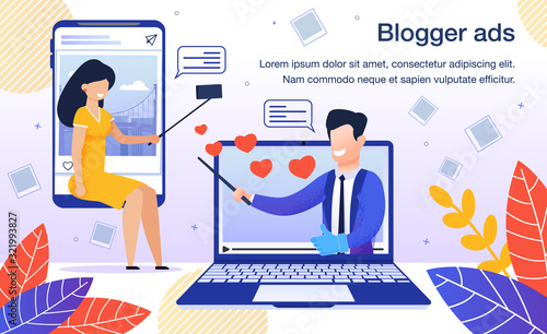 Blogger Advertisement, Social Media Marketing Strategy, Brand O R Product Promotion with Influencers Banner, Poster. Man and Woman Streaming Video, Promoting Sponsors Trendy Flat Vector Illustration