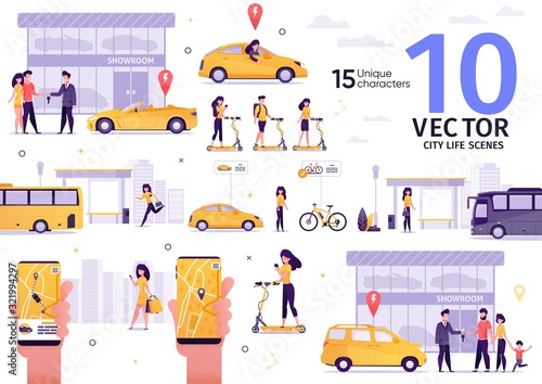 City Passenger Transport, People Transportation Trendy Flat Vector Scenes Set. Family Buying Car in Dealership, Man, Woman Riding Scooter, Lady Waiting Bus, Calling Taxi with Mobile App Illustrations