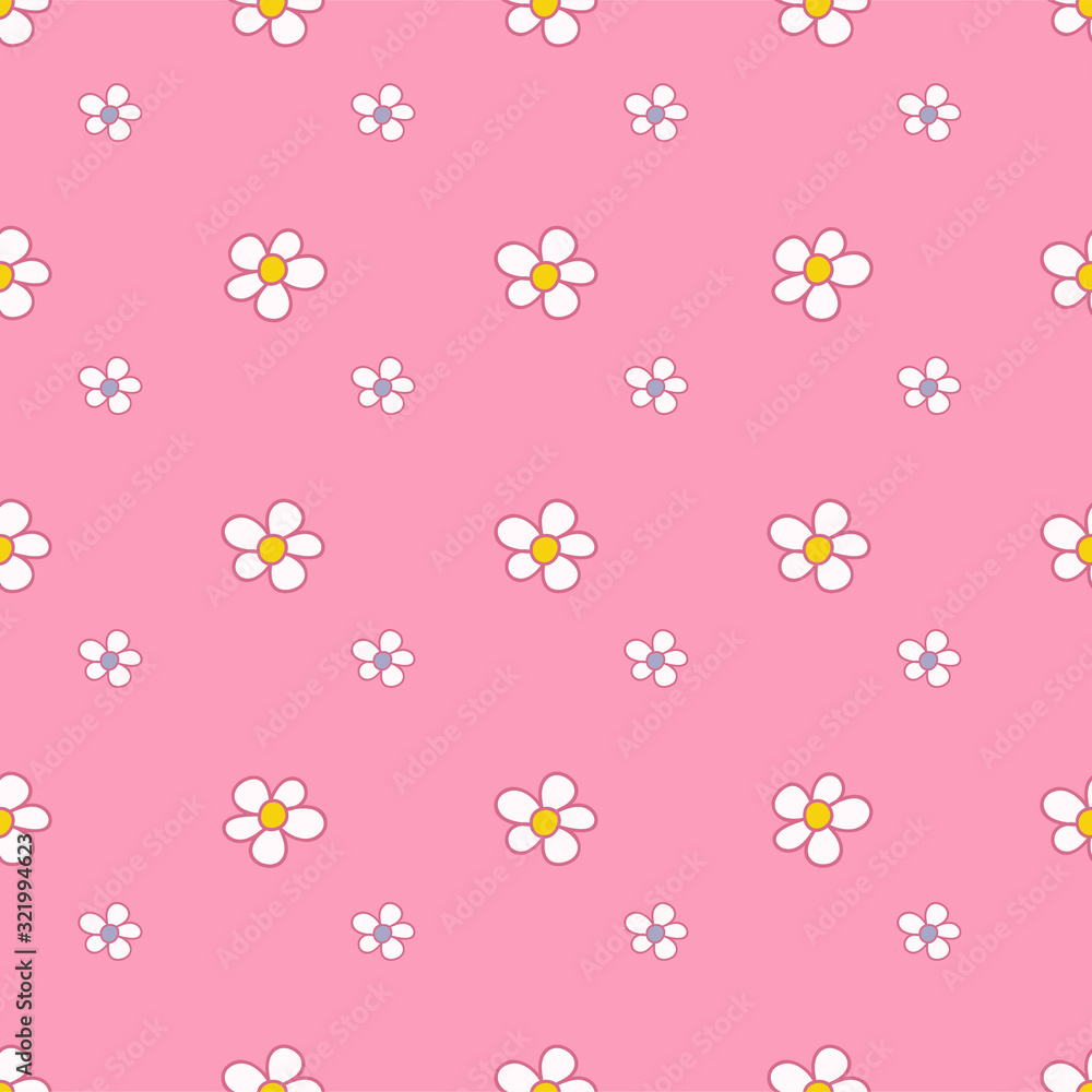 White daisy flowers on pink background. Cute floral seamless pattern